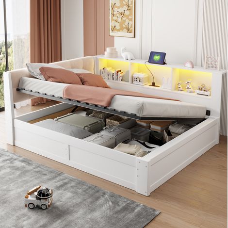 Sofá cama 140x200 cm con almacenaje hidráulico lateral, estantería, USB y luz LED regulable, estructura de madera y tela blanca para dormitorio – CHICFURN (1/5)