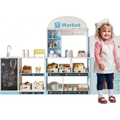 Magasin de jouets pour enfants, avec étagères, réfrigérateur, panneaux publicitaires, tableau noir inscriptible, comptoir et robinet, jouet éducatif pour enfants à partir de 3 ans, bois et plastique,  (1/5)
