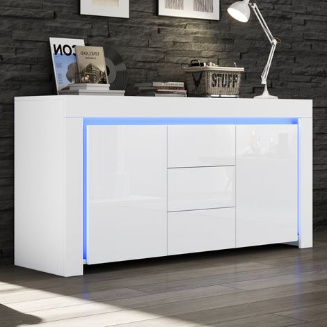 Buffet 140 x 40 x 65 cm blanc brillant avec LED, 2 portes et 3 tiroirs, MDF (1/5)