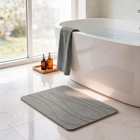 Tapis Diatomite - 1 Unité - Pierre Naturelle - Séchage Rapide Antidérapant - Salle de Bain Cuisine - Gris Ondulé (1/5)