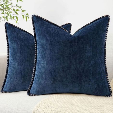 Housses de coussin décoratives douces en chenille 50 x 50 cm (lot de 2), style champêtre, en velours neutre, avec bordure cousue, (1/4)