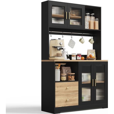 CHICFURN Armario de cocina alto de 178 cm con vitrina, LED RGB, enchufe y USB, 4 puertas de vidrio templado, estantes ajustables, botellero y sobre reforzado, negro (1/5)