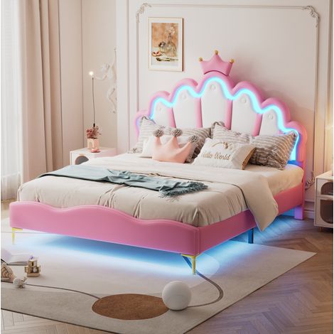 Polsterbett 140/200 cm rosa aus PU-Kunstleder mit LED-Beleuchtung und Kronenkopfteil (1/5)