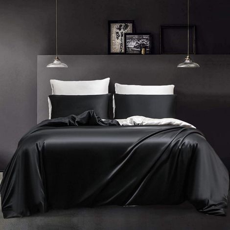 Bettwäsche-Set 155x220 cm Schwarz-Weiß Wendebettwäsche Glatt Glänzend Seidig 3-teilig