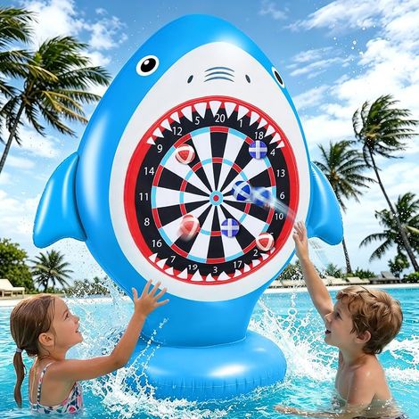 Jeu Fléchette Gonflable Piscine, Cible Fléchette Requin avec 10 Balles Velcro, Jouet Piscine pour Enfant Adulte,Bleu - Sans lumière (1/4)