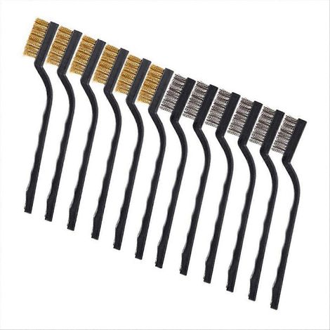 Brosse métallique 12 pièces avec manche, idéale pour décaper les scories de soudure et éliminer la rouille sur métaux. (1/5)