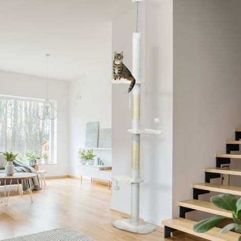 Arbre à chat suspendu au plafond, hauteur réglable, poteaux à griffer en sisal, 48 x 32 x 225–255 cm, blanc (1/5)