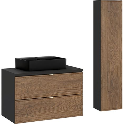 Waschtisch und Hängesäule 80cm Elena mit 2 Schubladen, Holzoptik und Schwarz