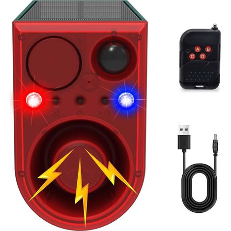 Outdoor solar motion sensor alarm with 13 outdoor sounds, flashing red and blue LED warning light, security strobe, and a 130dB loud siren. Supports recording and volume adjustment. (1/5)