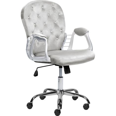 Sedia da ufficio in velluto grigio chiaro con cristalli con altezza regolabile e schienale trapuntato Princess (1/5)