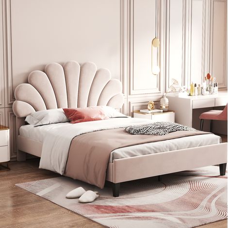 Polsterbett Samtstoff Beige 140x200 cm mit blumenförmigem Kopfteil und Lattenrost (1/5)