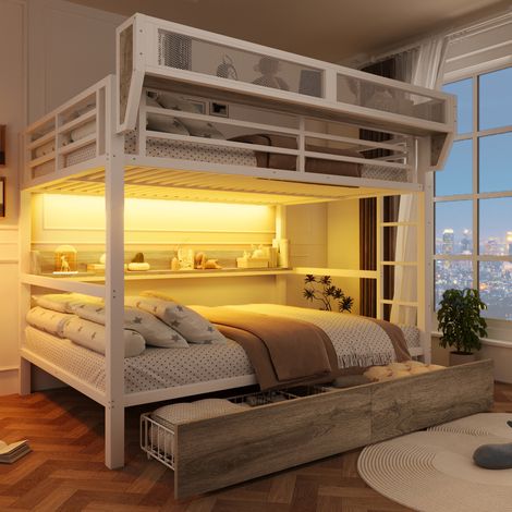 REDOM - Lit superposé 140x200 cm - avec étagère - panier - 2 tiroirs et LED - métal MDF - blanc (Sans matelas) (1/5)