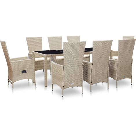 9-tlg. Garten-Essgruppe mit Auflagen Poly Rattan Beige