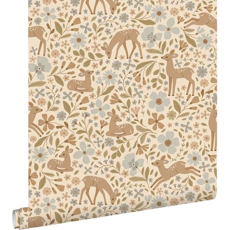 papier peint cerf beige, bleu et vert - ESTAhome (1/5)