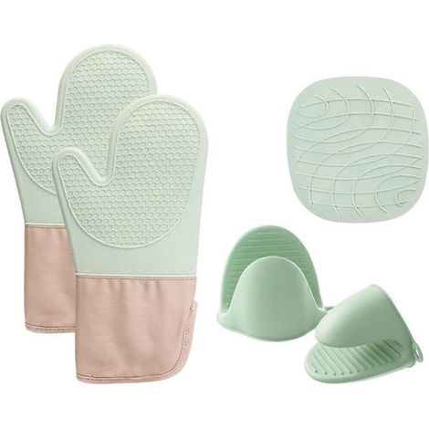 Gants de cuisine en silicone résistants à la chaleur et antidérapants pour barbecue, doublure en coton (vert) (1/5)