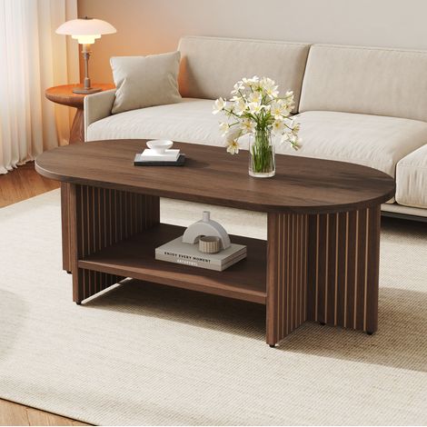 MODFU – Mesa de centro ovalada 100x40x35 cm de MDF nogal con estante y diseño ranurado, carga 50 kg – Nogal (1/5)