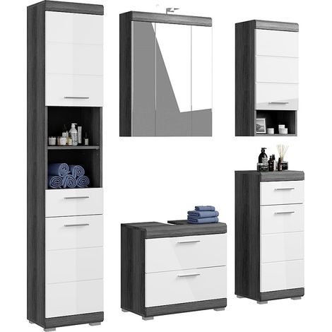 Badezimmermöbel Set 5-teilig modern in Hochglanz weiß mit grau SIROCO-158 (1/5)