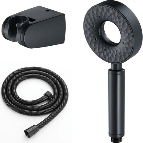 Hochdruckbrause, runder ABS-Handbrausegürtel, 1,5 m Edelstahl-Brauseschlauch, 3-Funktions-Handbrause mit Halterung, Schwarz (1/5)