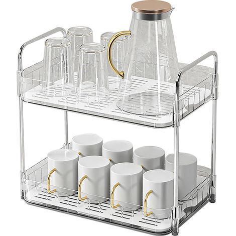 Égouttoir à tasses avec bac de récupération, étagère de rangement pour plan de travail, organisateur de tasses pour la cuisine, double couche, blanc (1/5)