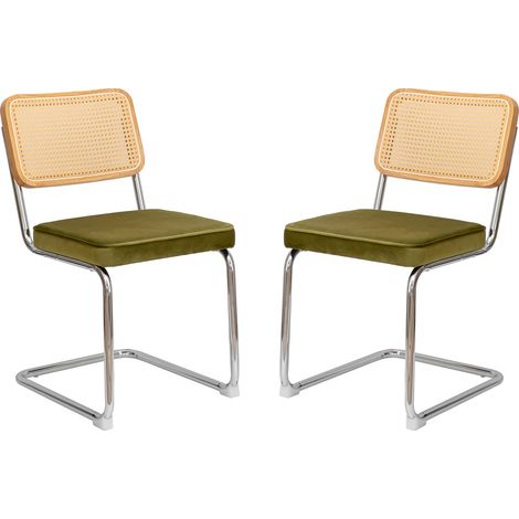 Lot de 4 chaises de salle à manger en velours et rotin, chaises d’appoint latérales avec pieds chromés, chaises modernes style milieu du siècle inspirées de Breuer, chaises rembourrées pour salle à ma (1/5)