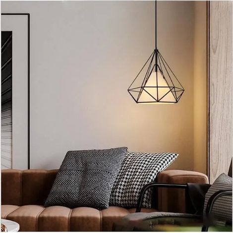 Lampe Suspension en Métal Vintage Noir Lustre Plafonnier en Cage Diamant Industrielle avec Abat-jour pour Salon Chambre (1/4)