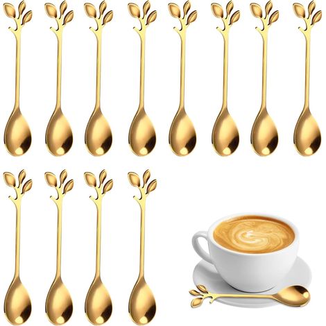 Lot de 12 petites cuillères à café en acier inoxydable, mini cuillères à dessert (dorées) (1/5)