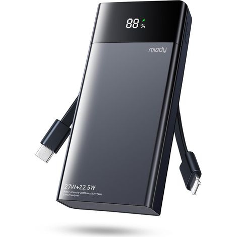 Powerbank 20000mAh, Charge rapide 27W avec câble USB-C intégré Quatre sorties, sortie USB-C/Lightning, adapté aux avions, affichage numérique, compatible avec 17, Galaxy et Android (1/5)
