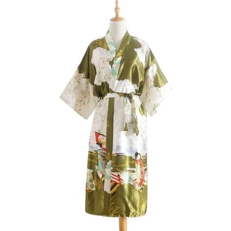 Peignoir kimono en satin vert, taille unique, vêtement d'intérieur élégant pour femme, spa et maison (1/4)