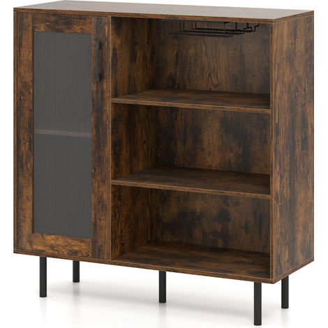 COSTWAY Coffee Bar Cabinet Sideboard with Door & Adjustable Shelf-Brown (1/5)