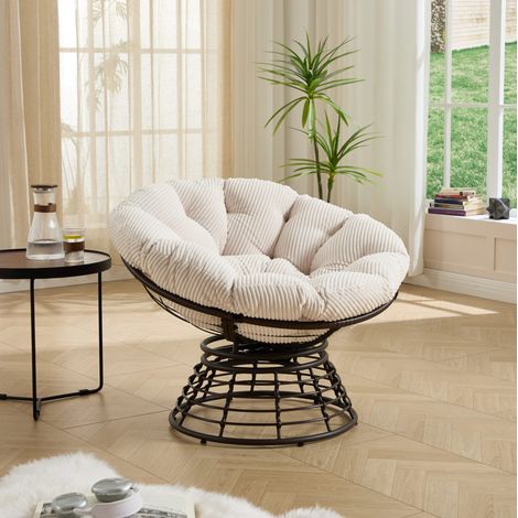 Sillón Papasan giratorio 360° en ratán PE con cojín grueso, acero, blanco y marrón (1/5)