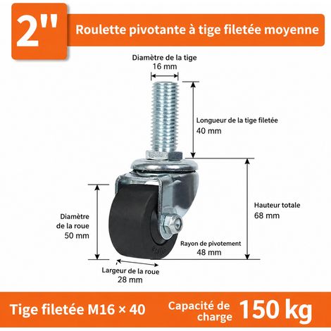 Roulette industrielle pivotante 2 pouces (50 mm) à tige filetée M20x80 en nylon 150 kg 2 m20 80 150kg 2 kg – Livraison gratuite