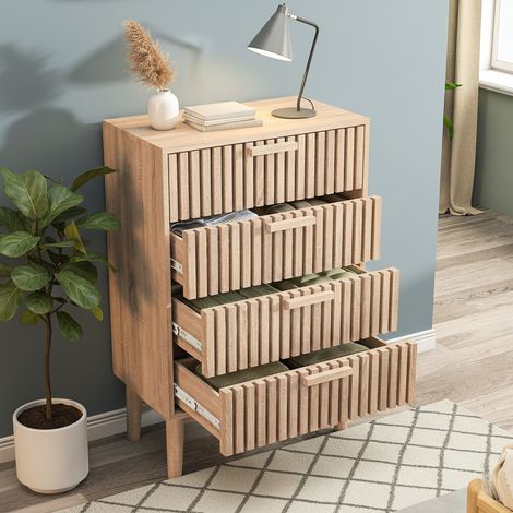 Commode 4 tiroirs, pieds antidérapants et grand espace de rangement, 60x91x34 cm, convient aux salons et aux chambres, couleur bois naturel (1/5)