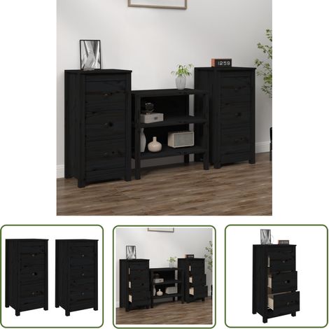 The Living Store Buffets 2 pcs noir 40x35x80 cm bois massif de pin - Buffet - Meuble De Rangement - Commode - Bois Massif - Pin (1/5)