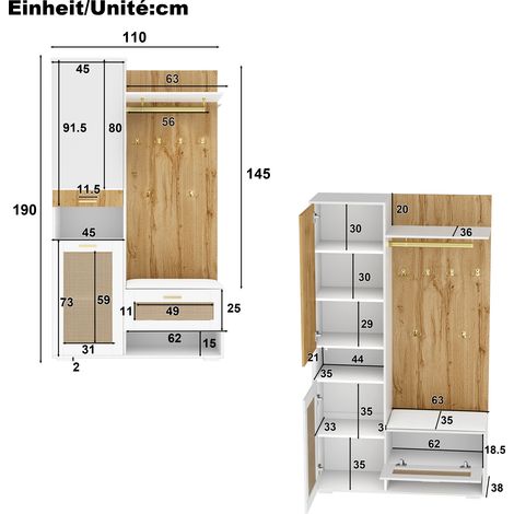 Ensemble de rangement mural avec miroir, porte-manteaux dorés (x6), placard à chaussures, étagère de rangement supérieure, banquette et éclairage LED 16 couleurs. (1/5)
