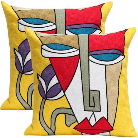Set aus 2 dekorativen quadratischen Kissenbezügen mit abstrakter Kunststickerei, für Sofa, Terrasse, Garten, Stühle, 45,7 x 45,7 cm (Mann mit Maske) (1/4)