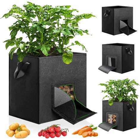 Lot de 4 Sac Plantation Pomme de Terre, 46L Sac de Culture Potager avec Fenêtre de Visualisation, Fenêtre de Récolte et 2 Poignées Renforcées, Sac Pomme de Terre pour Potager, Non Tissé (1/5)