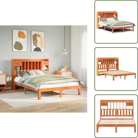 Massivholzbett mit Regal ohne Matratze Wachsbraun 135x190 cm - Bett Mit Regal - Bett Mit Bücherregal - Holzbett Mit Regal - Holzbett Mit Bücherregal (1/5)