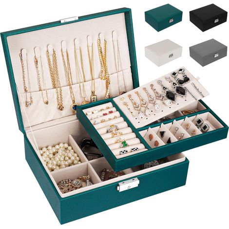 Boîte à Bijoux pour Femme en Cuir Deux Etages Coffret de Rangement Bijoux pour Ranger Bagues/Boucles d'oreilles/Colliers (Vert) (1/5)
