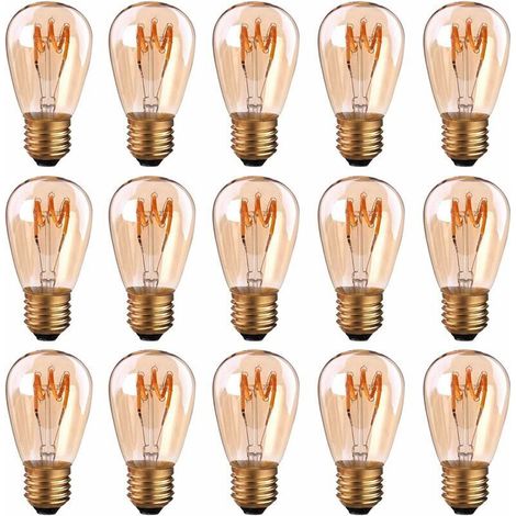Packung mit 15 Vintage-E27-LED-Spiralfadenlampen, ST45/S14, 3 W, 2200 K bernsteinfarbenes Licht, dimmbar, sehr warmweiß –