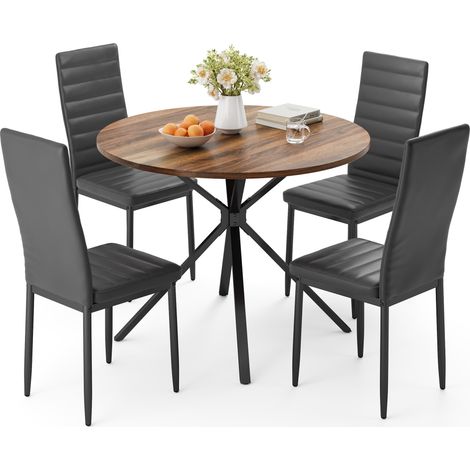 Juego de Mesa y Sillas de Comedor Bealife Conjunto con 1 Mesa Redonda Plegable de 100 x 76 cm Vintage y 4 Sillas de Cuero Estructura Metálica (1/5)