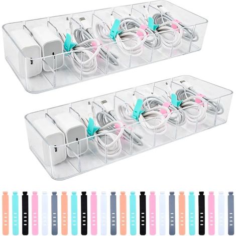 Cable Storage Boxes, 8 Compartments Cable Storage Boxes, Cable Storage Box with Lid and Cable Ties, Charger and Cable Storage Box (1/4)