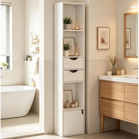 MEUBLIV Estantería estrecha blanca 30x157,5x24 cm – 3 nichos, 2 cajones y 1 armario (1/3)
