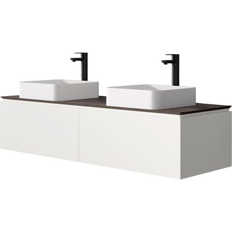 BERNSTEIN - Meuble mural MDF sous vasque et lavabo de salle de bain design avec 2 tiroirs- Blanc mat - 150x35x50cm - Spring 1500 (1/5)