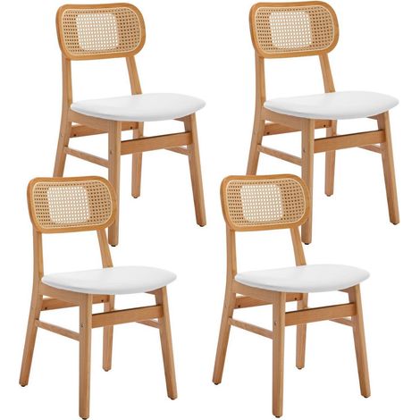Lot de 4 chaises de salle à manger en cuir PU blanc avec dossier en rotin et pieds en bois massif (1/5)