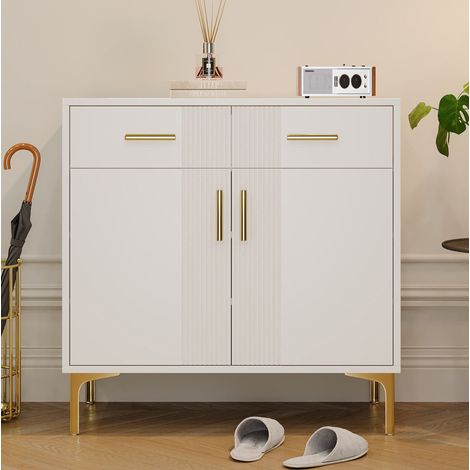 Credenza in MDF bianco 80x35x79,5 cm con 2 ante, 2 cassetti, frontali ondulati e fissaggio a muro (1/5)