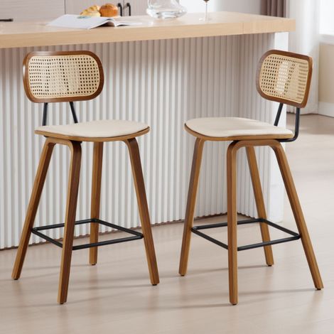 Wahson 2 PZ Sgabelli da Bar in Legno con Schienale in Rattan, Sedie Alte con Gambe in Legno Sgabelli Imbottiti per Sala da Pranzo/Bar, Beige