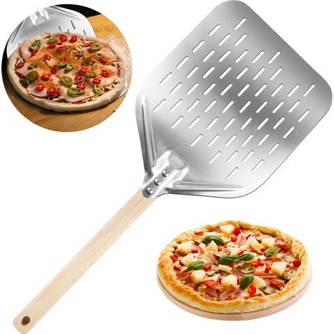Pelle à pizza perforée : 30,5 cm Pelle en aluminium anodisé avec poignée anti-brûlure, longue poignée amovible, pour pizza et gâteau (1/5)