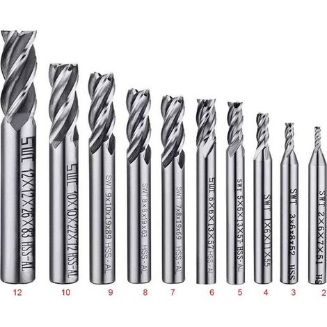 Set di 10 punte da trapano a quattro taglienti - Fresa a candela da 2 a 12 mm - Set di punte da trapano HSS CNC con gambo dritto per foratura - Set di utensili per legno, alluminio, acciaio e titanio