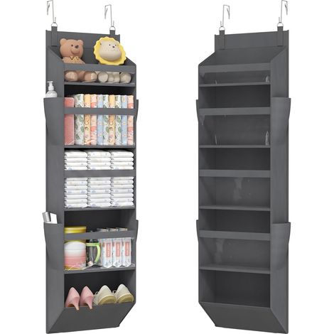 Rangement Suspendu avec 4 Poches Latérales et 2 Crochets, Organisateur Porte, Capacité 18 kg (40 lbs), Étagères Murales pour Chambre, Salle de Bain, 5 Étagères, 5 Compartiments, Gris (1/5)