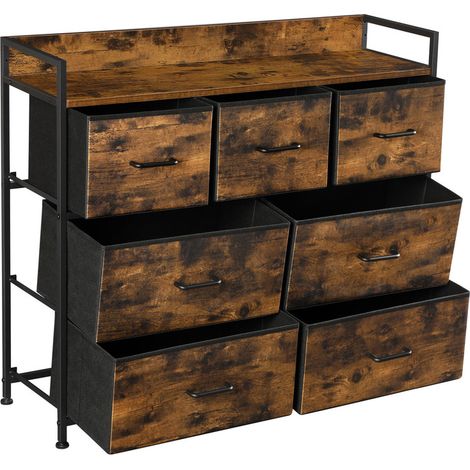 Armoire, Meuble de Rangement en Tissu, Commode, 7 Tiroirs, avec Poignées, Cadre en Métal, Style Moderne, Marron Rustique et Noir d'Encre (1/5)